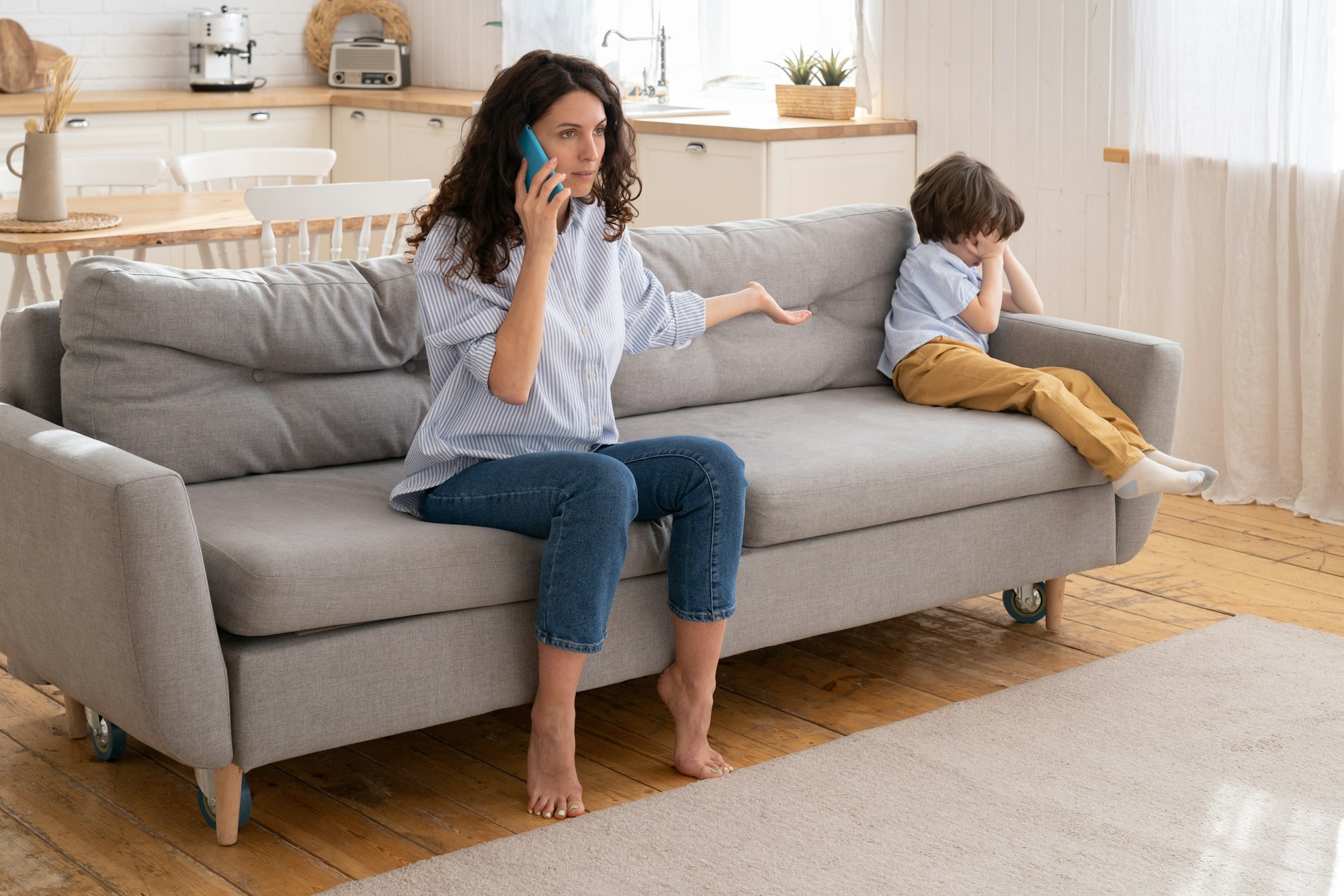 Angry mother call scold dad for forgetting picking up upset son. Family relationship after divorce